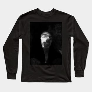 Portrait, digital collage and special processing. Like monk, man, smiling. Head. Weird. Grayscale. Long Sleeve T-Shirt